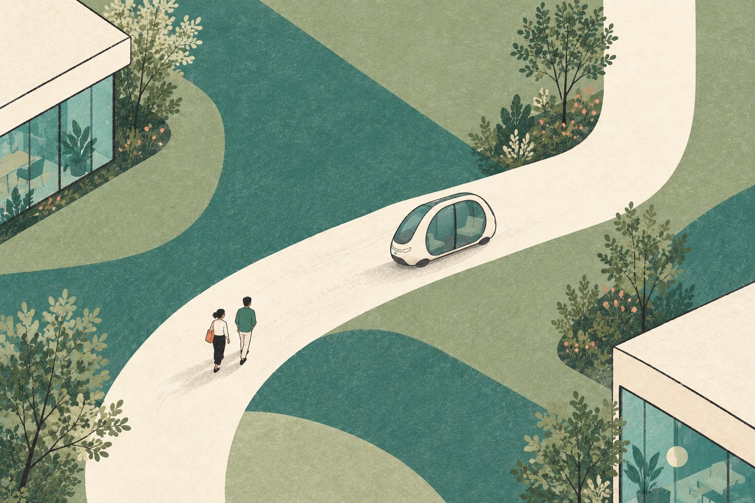 An overhead view of people and a small pod on a curved path between district buildings.