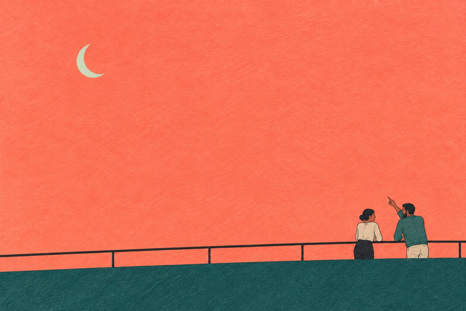 Two people stand beneath a crescent moon against a broad coral evening sky.