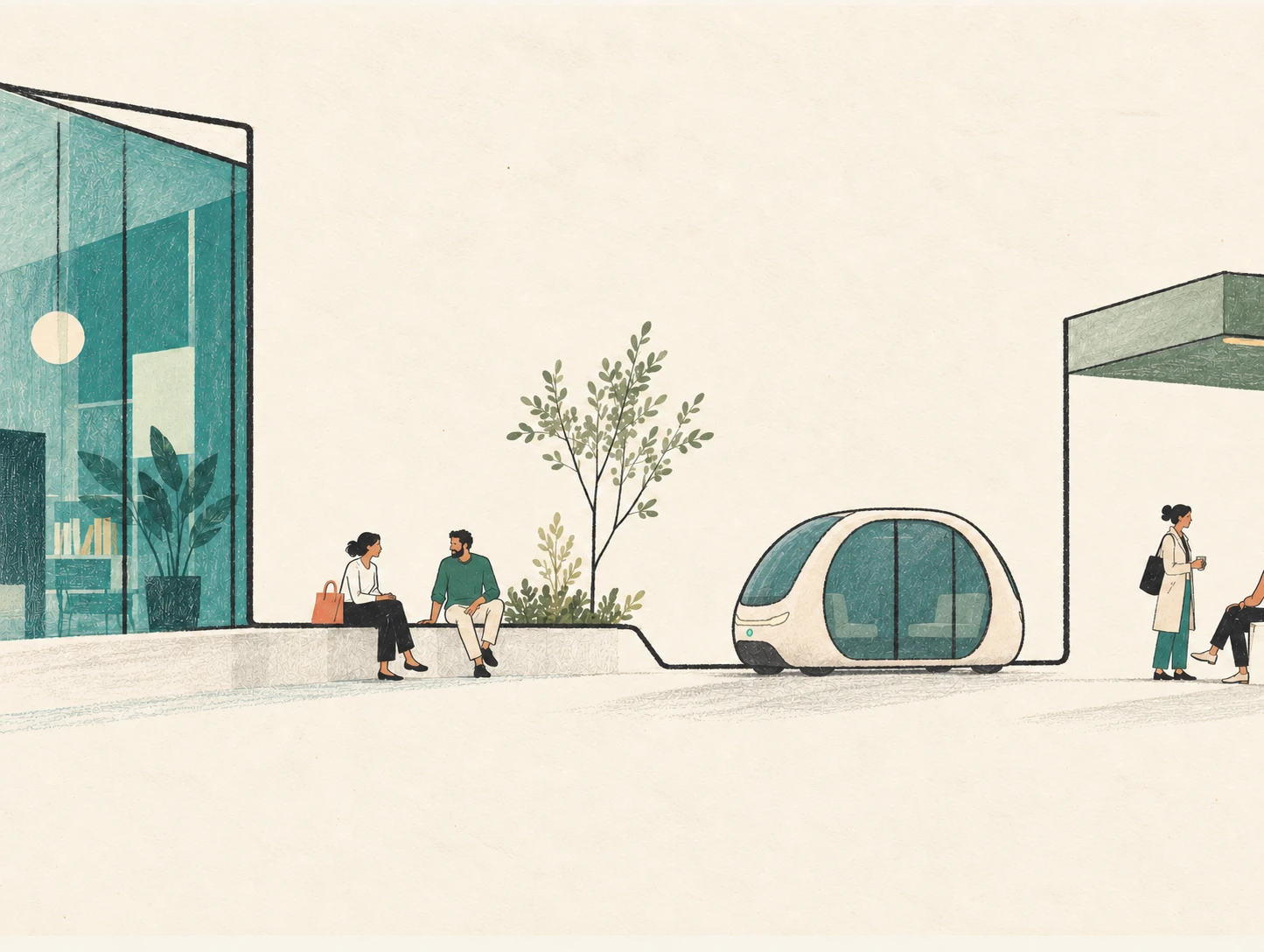 People spend time outside neighborhood shops, with a small cream Loope pod nearby.