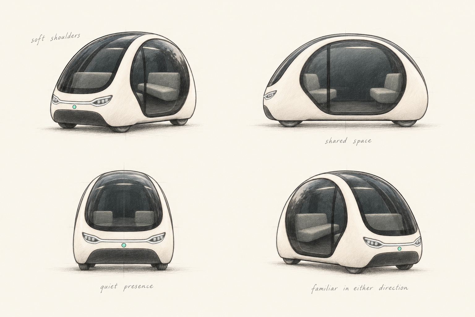 Four pencil studies of Loope: three-quarter, side profile, end view, and opposite three-quarter, with subtle construction guides and observations about its soft form and shared cabin.